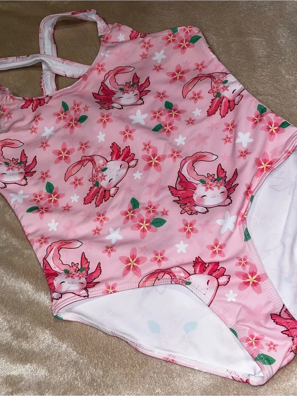 Axolotl Girls Swimsuit One Piece Bathing Suit Crossed Back, sz 9-10